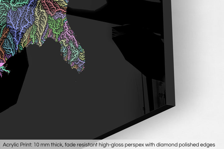Closeup of an acrylic panel's corner, the details of a Grasshopper Geography map is visible. The text at the bottom reads: Acrylic print - 10 mm thick, fade reistant high-gloss perspex with diamond polished edges.