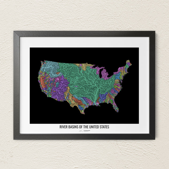 A colorful Grasshopper Geography river map on a light wall. The premium fine art poster is in a black frame with a white border. The name of the country, continent or region is printed under the image.