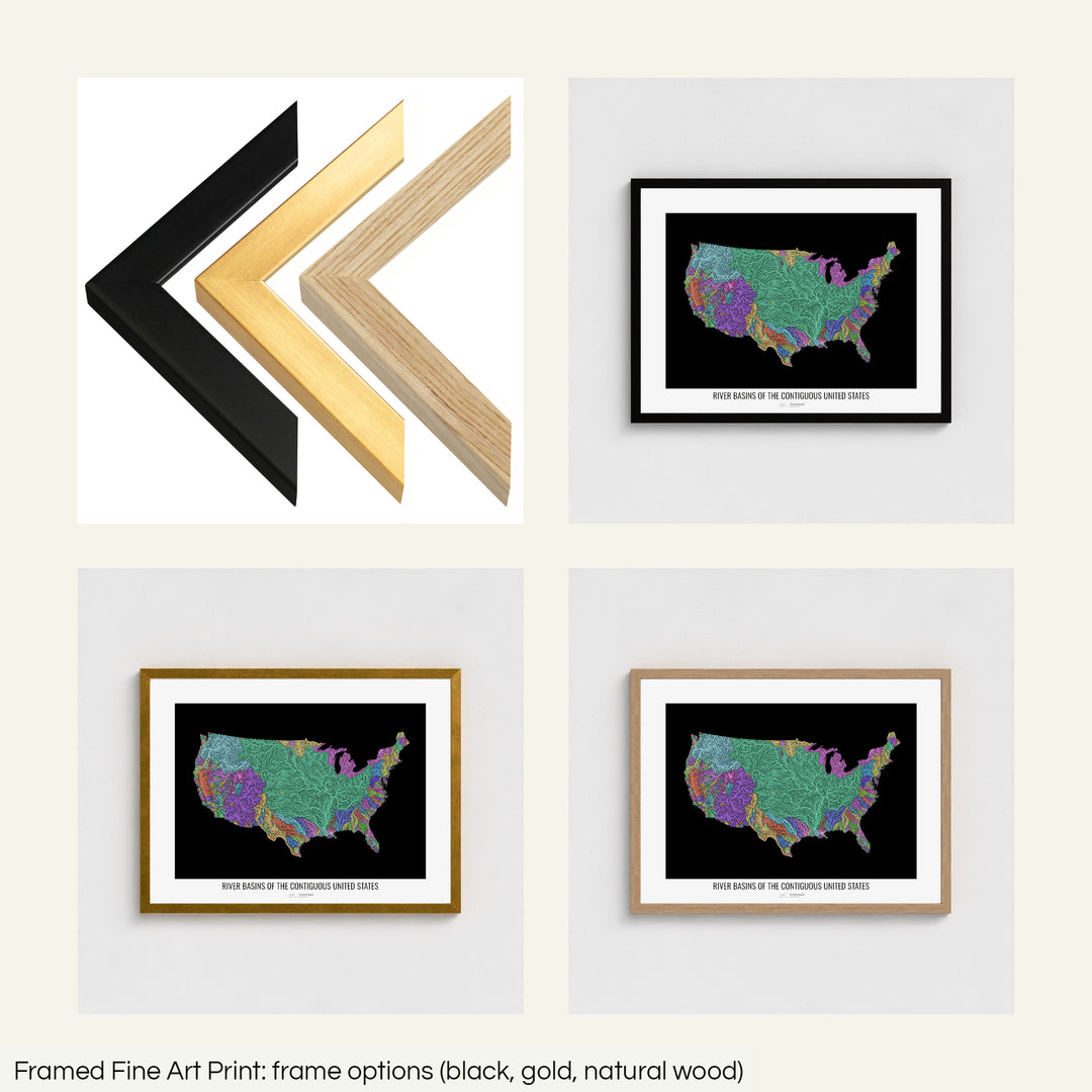 The image shows the different frames available at Grasshopper Geography's map shop: black, golden and natural wood. The image is a collection of four smaller pictures: the first one shows the wooden frames up close, the other three are mockups of the printed map in each frame.