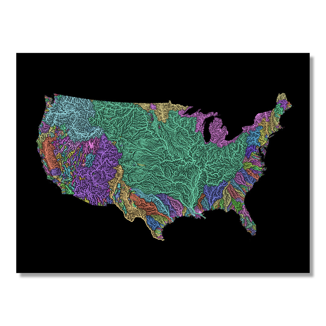 United States - River basin map, pastel colours - Wall Art by Grasshopper Geography. Image of a high-resolution map created by geographer Robert Szucs, available as wall art and for licensing.