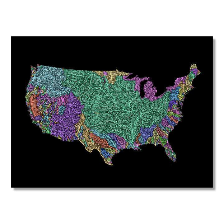 United States - River basin map, pastel colours - Wall Art by Grasshopper Geography. Image of a high-resolution map created by geographer Robert Szucs, available as wall art and for licensing.