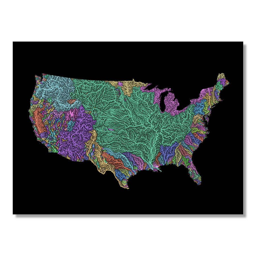 United States - River basin map, pastel colours - Wall Art by Grasshopper Geography. Image of a high-resolution map created by geographer Robert Szucs, available as wall art and for licensing.
