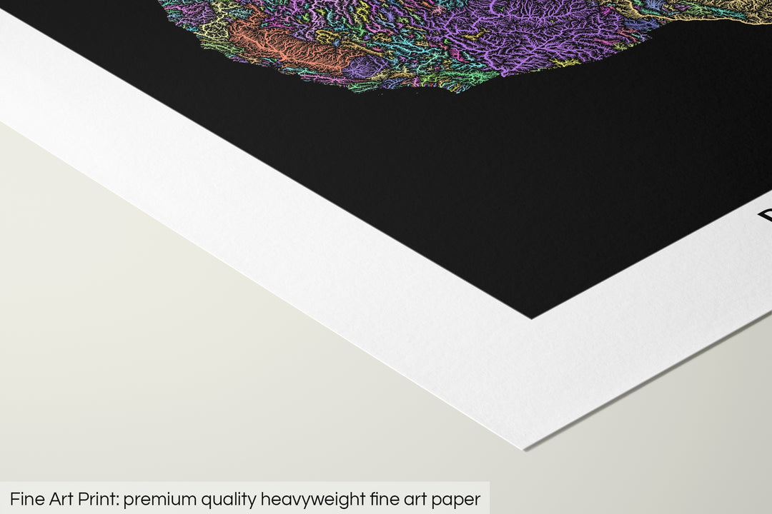 Closeup of a fine art print's corner lying on a flat surface, the details of a Grasshopper Geography map is visible. The text at the bottom reads: Fine art print - premium quality heavyweight fine art paper.
