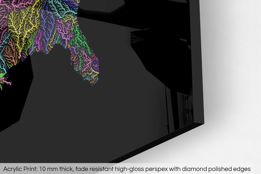 Closeup of an acrylic panel's corner, the details of a Grasshopper Geography map is visible. The text at the bottom reads: Acrylic print - 10 mm thick, fade reistant high-gloss perspex with diamond polished edges.