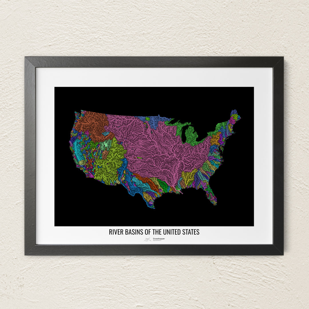 A colorful Grasshopper Geography river map on a light wall. The premium fine art poster is in a black frame with a white border. The name of the country, continent or region is printed under the image.