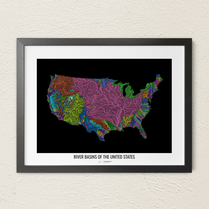 A colorful Grasshopper Geography river map on a light wall. The premium fine art poster is in a black frame with a white border. The name of the country, continent or region is printed under the image.