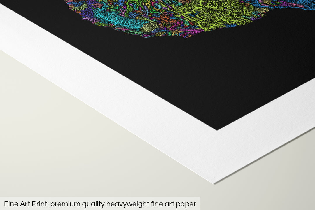 Closeup of a fine art print's corner lying on a flat surface, the details of a Grasshopper Geography map is visible. The text at the bottom reads: Fine art print - premium quality heavyweight fine art paper.