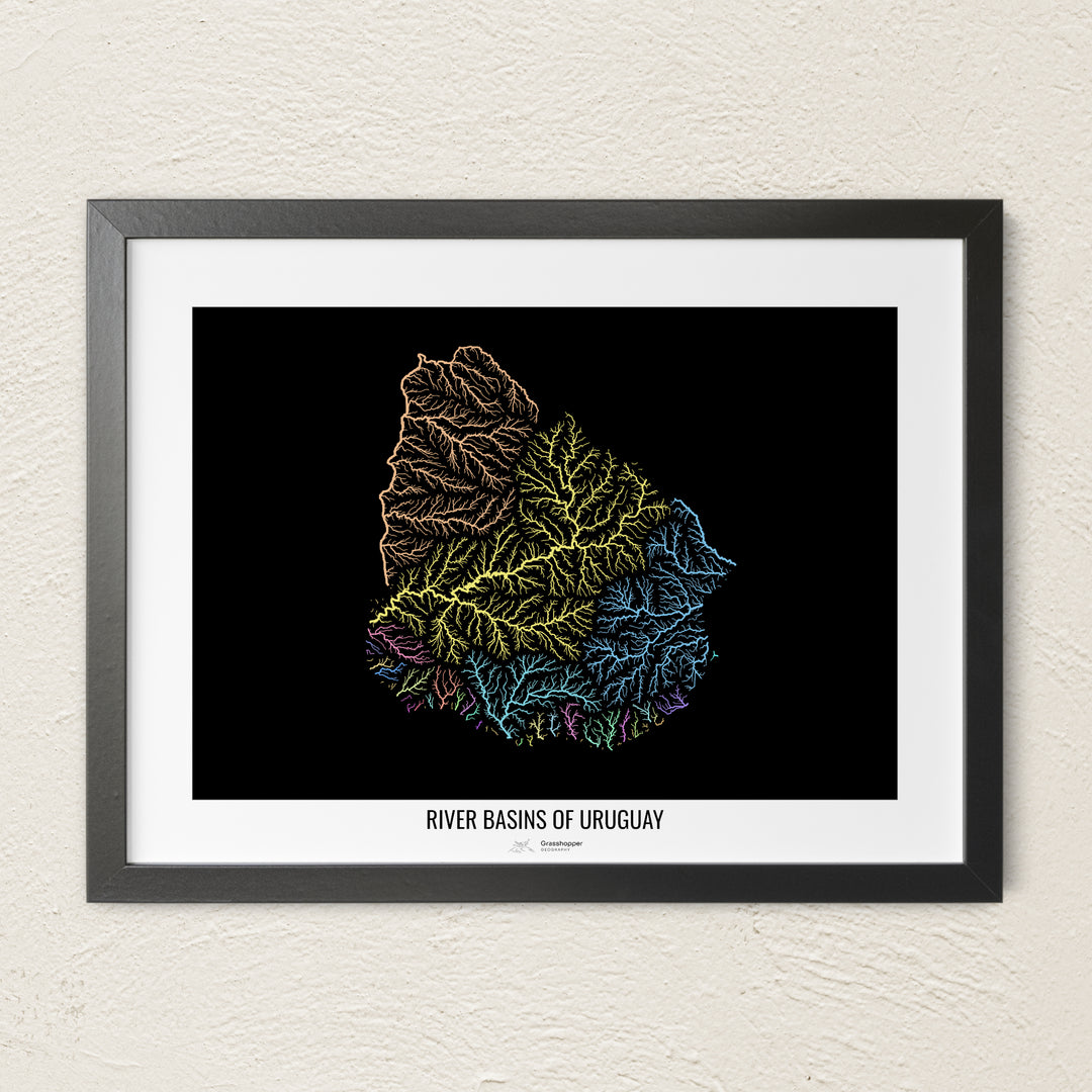 A colorful Grasshopper Geography river map on a light wall. The premium fine art poster is in a black frame with a white border. The name of the country, continent or region is printed under the image.