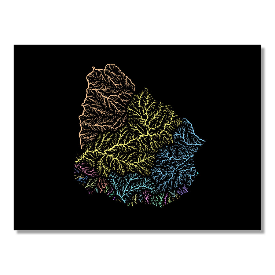 Uruguay - River basin map, pastel colours - Wall Art by Grasshopper Geography. Image of a high-resolution map created by geographer Robert Szucs, available as wall art and for licensing.