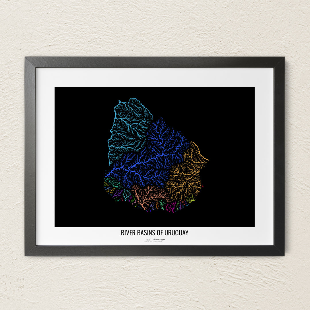 A colorful Grasshopper Geography river map on a light wall. The premium fine art poster is in a black frame with a white border. The name of the country, continent or region is printed under the image.