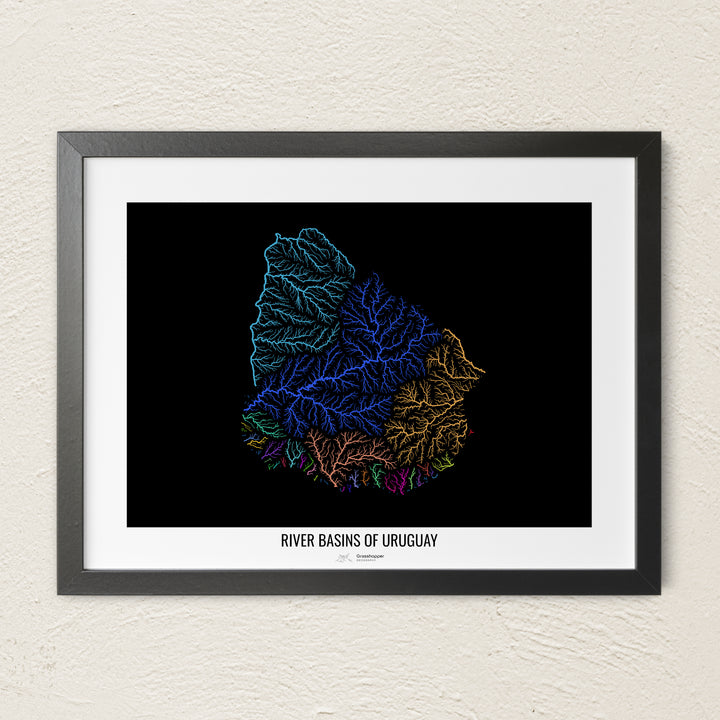 A colorful Grasshopper Geography river map on a light wall. The premium fine art poster is in a black frame with a white border. The name of the country, continent or region is printed under the image.