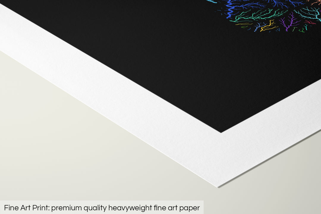Closeup of a fine art print's corner lying on a flat surface, the details of a Grasshopper Geography map is visible. The text at the bottom reads: Fine art print - premium quality heavyweight fine art paper.
