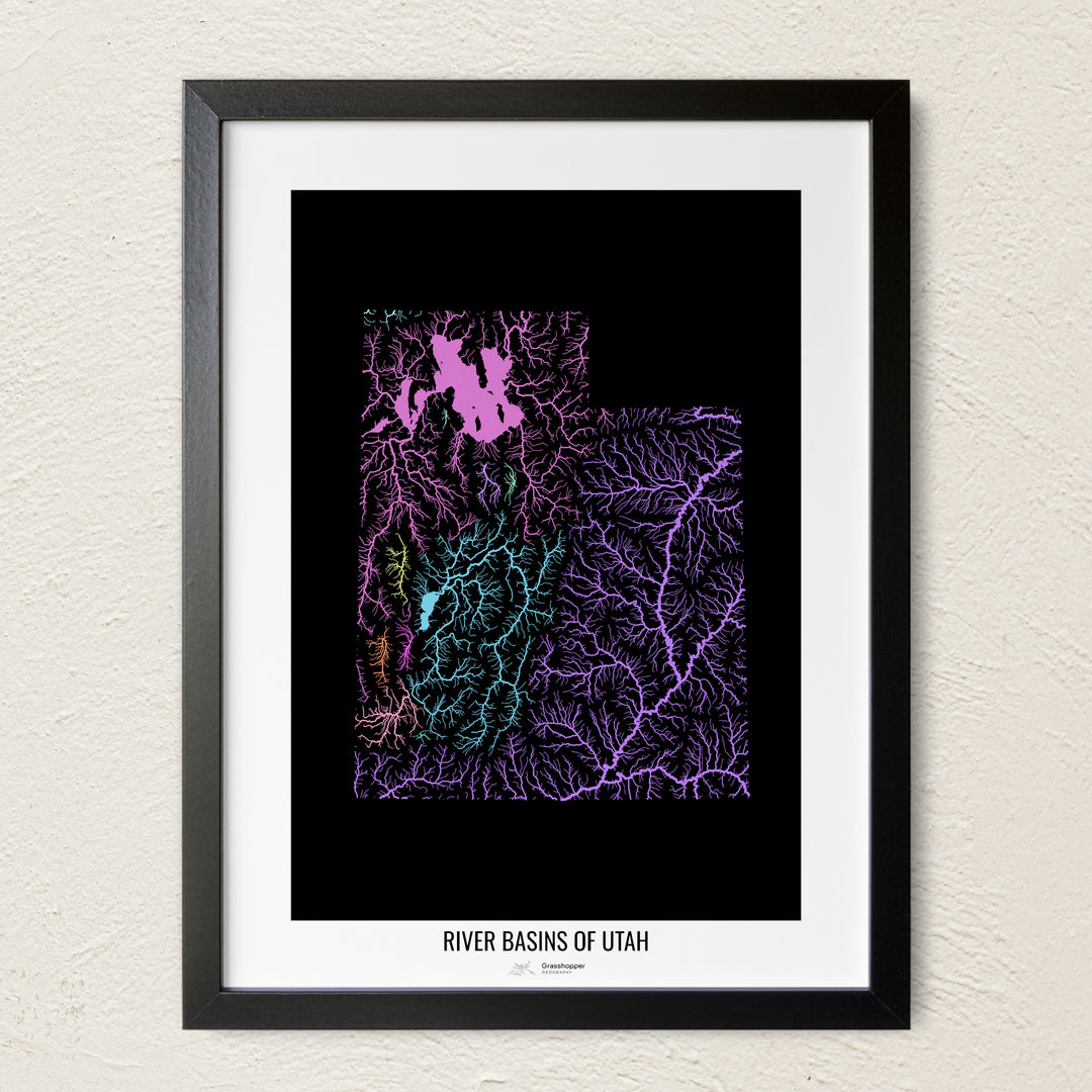 A colorful Grasshopper Geography river map on a light wall. The premium fine art poster is in a black frame with a white border. The name of the country, continent or region is printed under the image.
