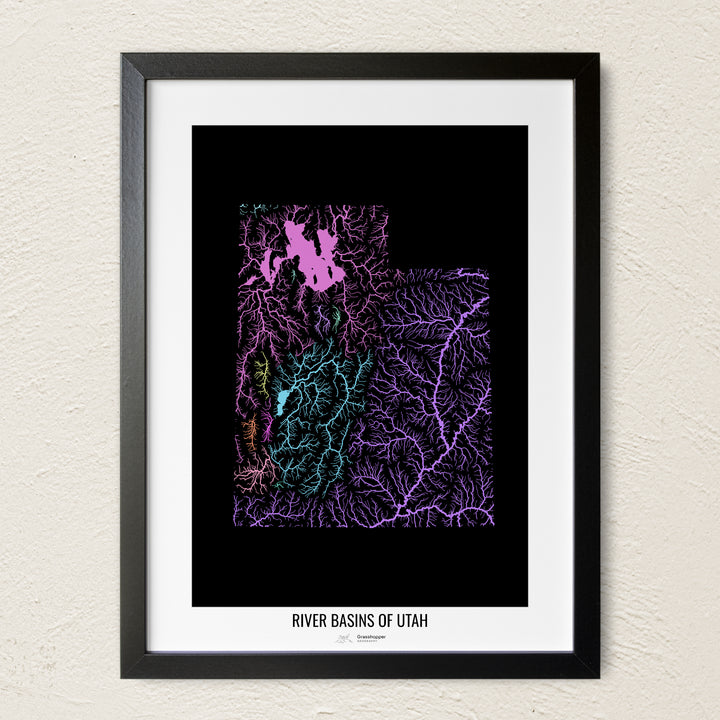 A colorful Grasshopper Geography river map on a light wall. The premium fine art poster is in a black frame with a white border. The name of the country, continent or region is printed under the image.