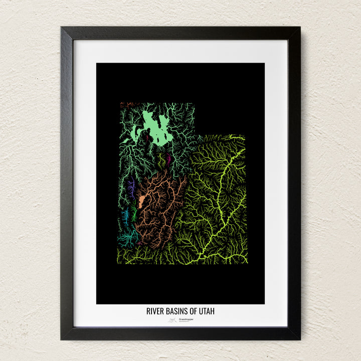 A colorful Grasshopper Geography river map on a light wall. The premium fine art poster is in a black frame with a white border. The name of the country, continent or region is printed under the image.