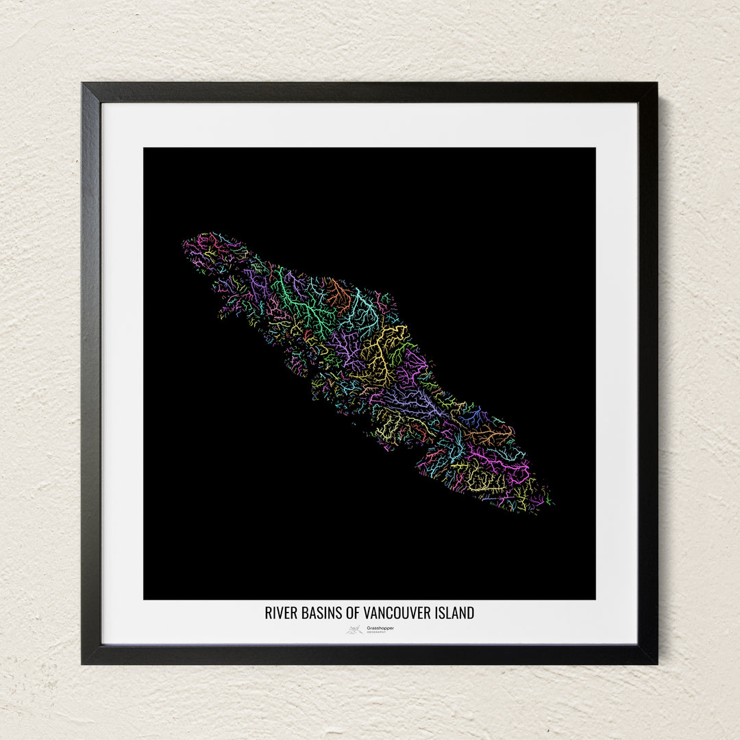 A colorful Grasshopper Geography river map on a light wall. The premium fine art poster is in a black frame with a white border. The name of the country, continent or region is printed under the image.
