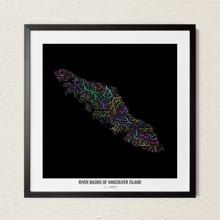 A colorful Grasshopper Geography river map on a light wall. The premium fine art poster is in a black frame with a white border. The name of the country, continent or region is printed under the image.