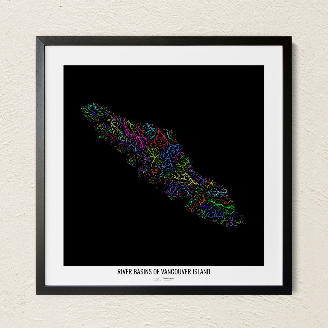 A colorful Grasshopper Geography river map on a light wall. The premium fine art poster is in a black frame with a white border. The name of the country, continent or region is printed under the image.
