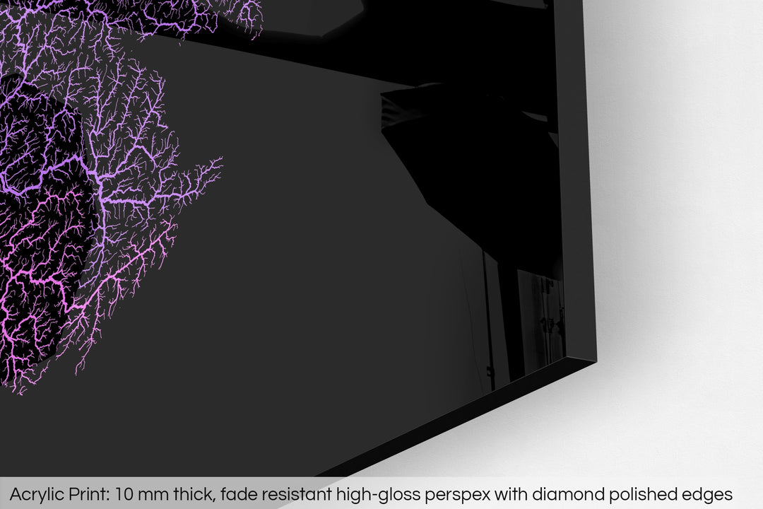 Closeup of an acrylic panel's corner, the details of a Grasshopper Geography map is visible. The text at the bottom reads: Acrylic print - 10 mm thick, fade reistant high-gloss perspex with diamond polished edges.