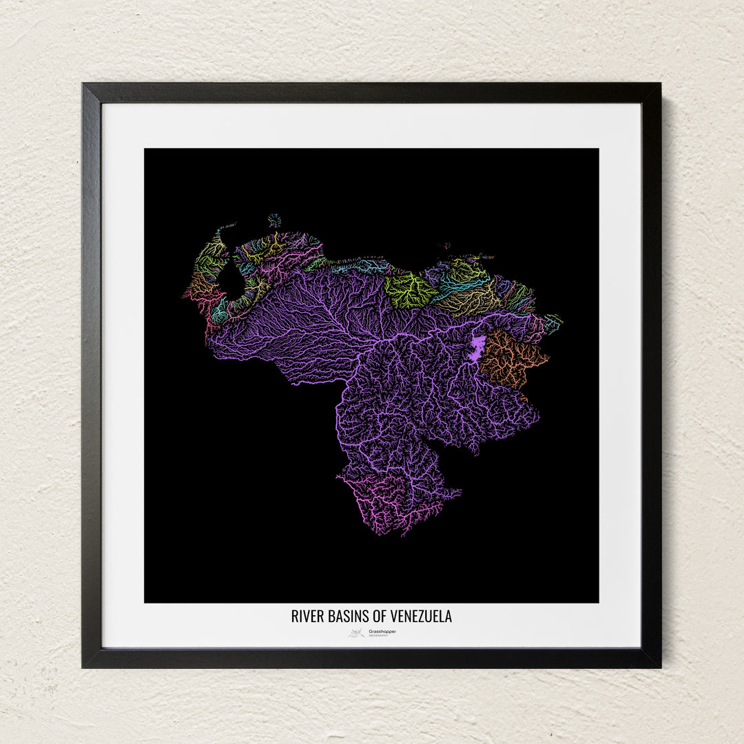 A colorful Grasshopper Geography river map on a light wall. The premium fine art poster is in a black frame with a white border. The name of the country, continent or region is printed under the image.
