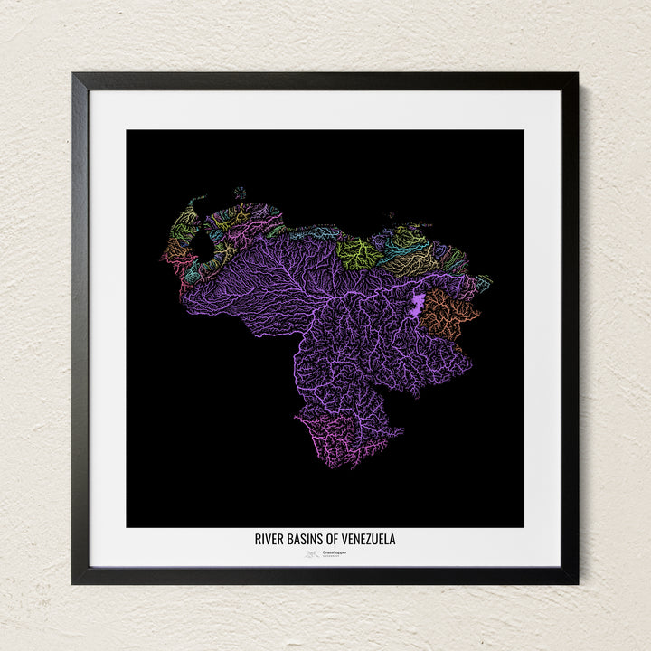 A colorful Grasshopper Geography river map on a light wall. The premium fine art poster is in a black frame with a white border. The name of the country, continent or region is printed under the image.
