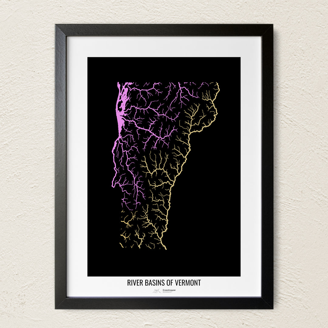 A colorful Grasshopper Geography river map on a light wall. The premium fine art poster is in a black frame with a white border. The name of the country, continent or region is printed under the image.