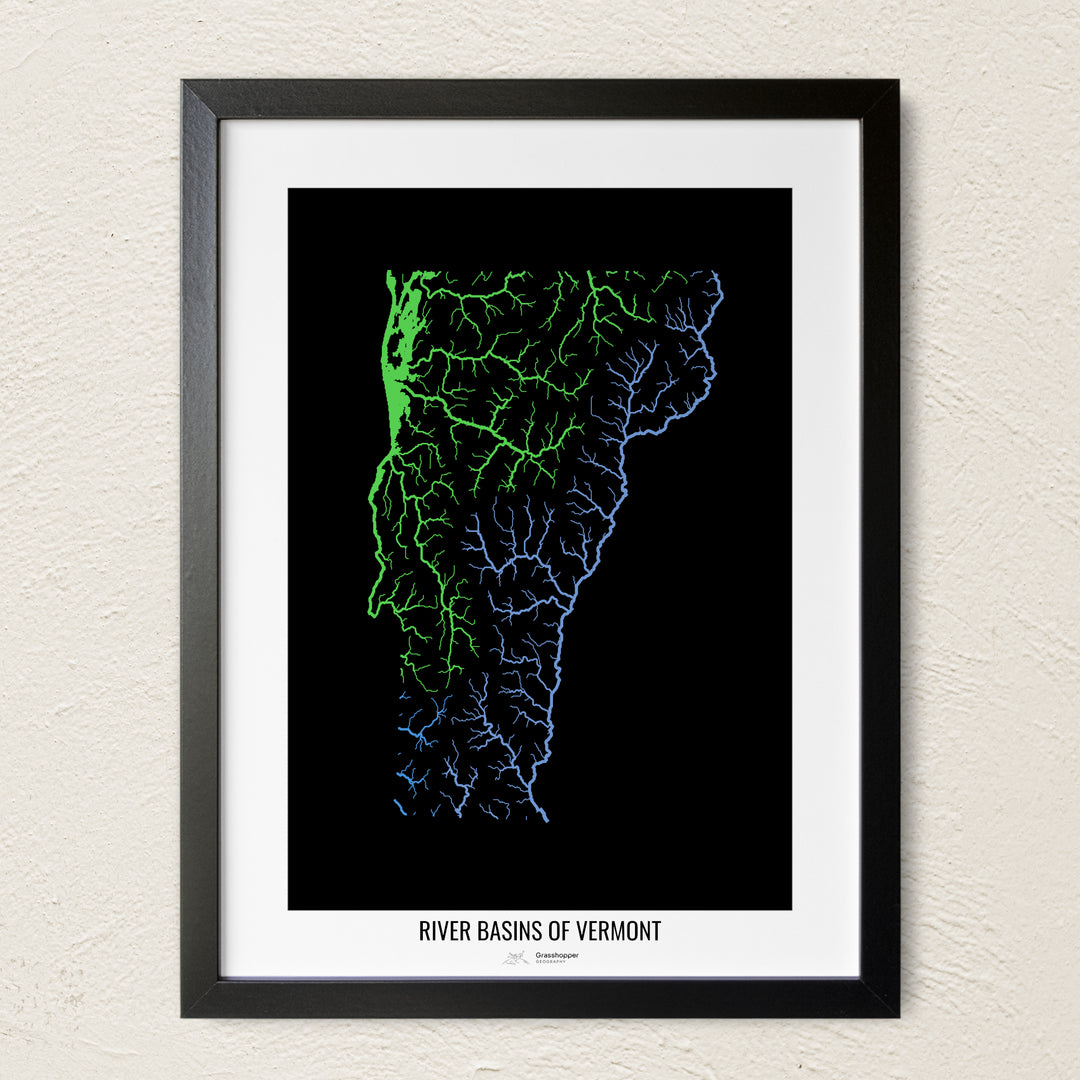 A colorful Grasshopper Geography river map on a light wall. The premium fine art poster is in a black frame with a white border. The name of the country, continent or region is printed under the image.