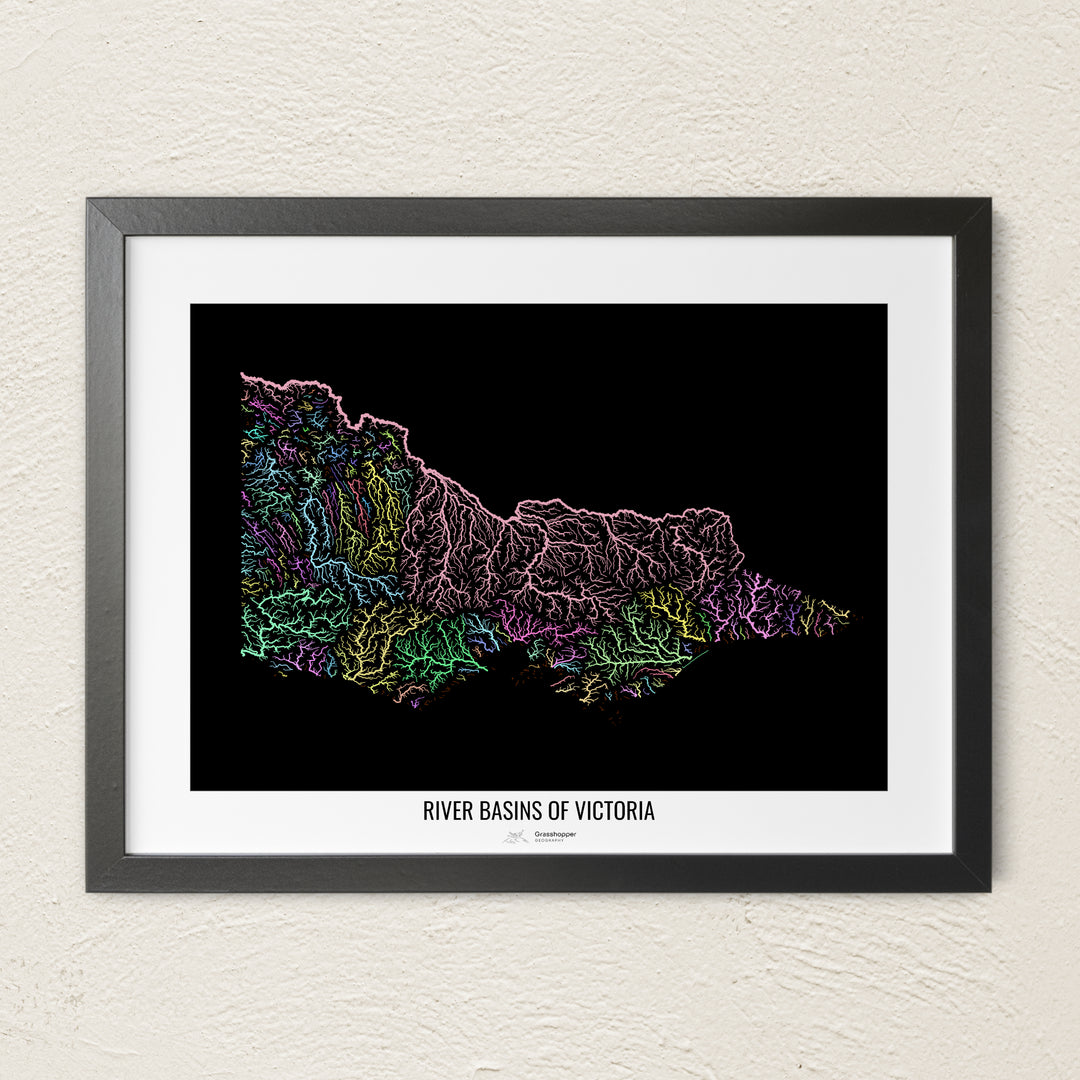 A colorful Grasshopper Geography river map on a light wall. The premium fine art poster is in a black frame with a white border. The name of the country, continent or region is printed under the image.