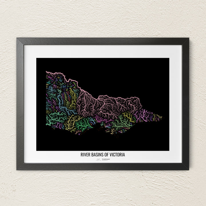 A colorful Grasshopper Geography river map on a light wall. The premium fine art poster is in a black frame with a white border. The name of the country, continent or region is printed under the image.