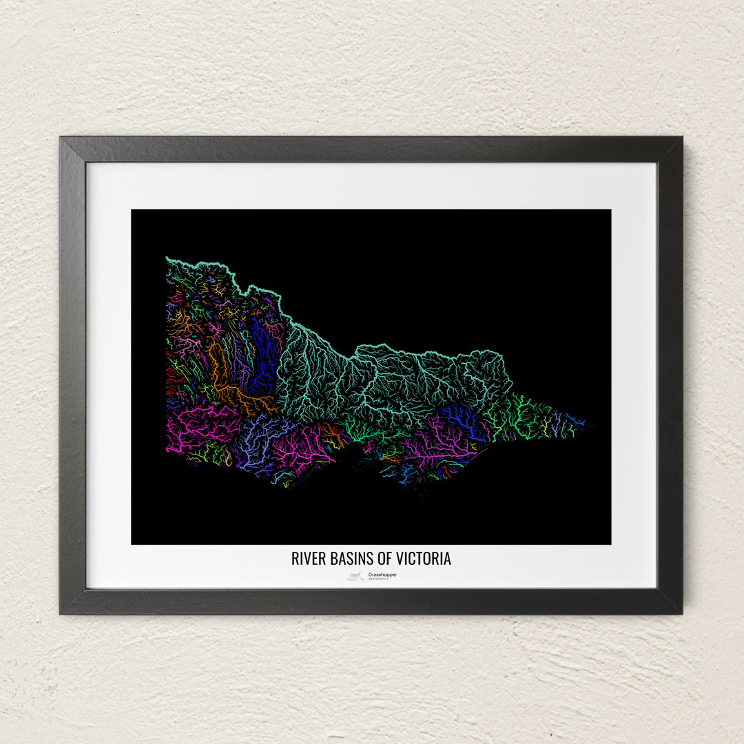 A colorful Grasshopper Geography river map on a light wall. The premium fine art poster is in a black frame with a white border. The name of the country, continent or region is printed under the image.