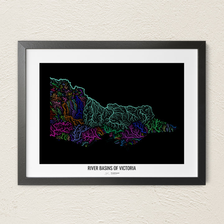 A colorful Grasshopper Geography river map on a light wall. The premium fine art poster is in a black frame with a white border. The name of the country, continent or region is printed under the image.