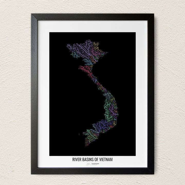A colorful Grasshopper Geography river map on a light wall. The premium fine art poster is in a black frame with a white border. The name of the country, continent or region is printed under the image.