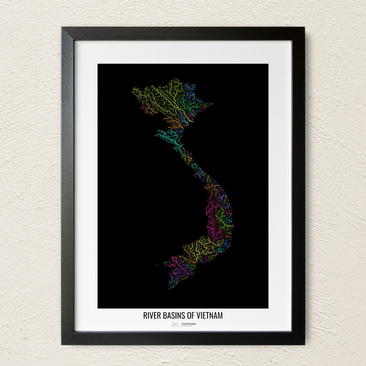 A colorful Grasshopper Geography river map on a light wall. The premium fine art poster is in a black frame with a white border. The name of the country, continent or region is printed under the image.