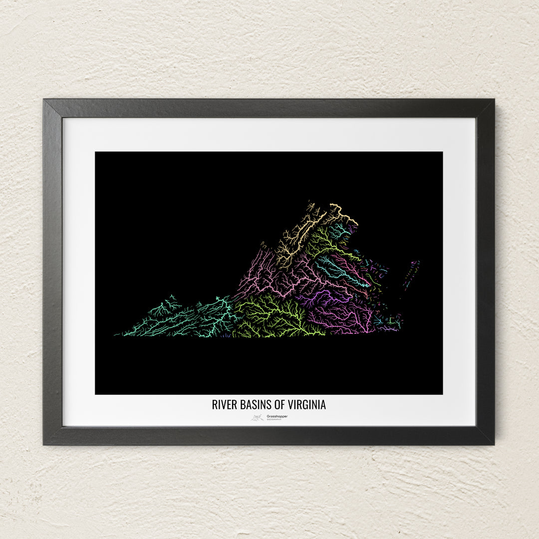 A colorful Grasshopper Geography river map on a light wall. The premium fine art poster is in a black frame with a white border. The name of the country, continent or region is printed under the image.