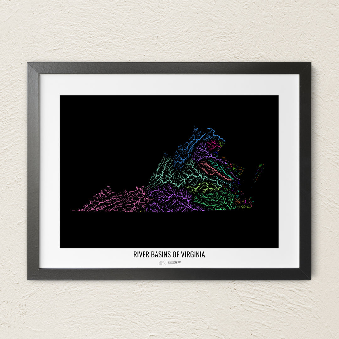 A colorful Grasshopper Geography river map on a light wall. The premium fine art poster is in a black frame with a white border. The name of the country, continent or region is printed under the image.