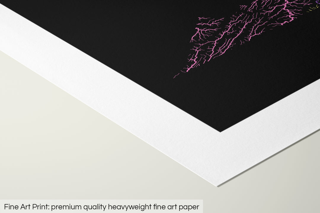 Closeup of a fine art print's corner lying on a flat surface, the details of a Grasshopper Geography map is visible. The text at the bottom reads: Fine art print - premium quality heavyweight fine art paper.