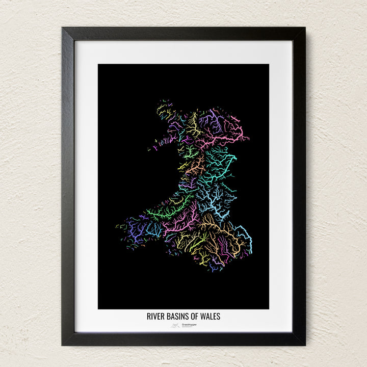 A colorful Grasshopper Geography river map on a light wall. The premium fine art poster is in a black frame with a white border. The name of the country, continent or region is printed under the image.