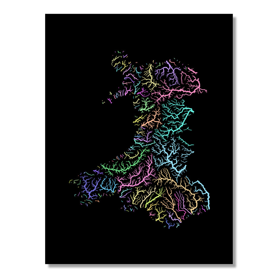 Wales - River basin map, pastel colours - Wall Art by Grasshopper Geography. Image of a high-resolution map created by geographer Robert Szucs, available as wall art and for licensing.