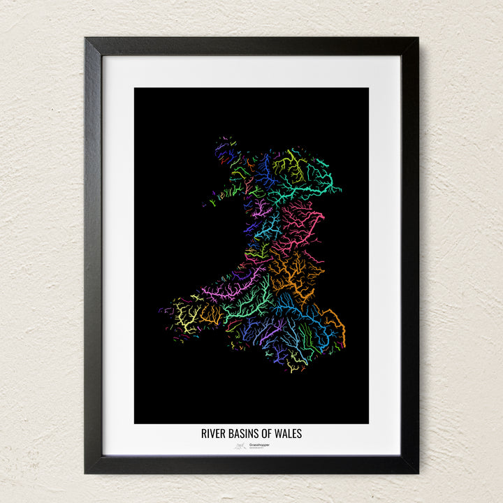 A colorful Grasshopper Geography river map on a light wall. The premium fine art poster is in a black frame with a white border. The name of the country, continent or region is printed under the image.