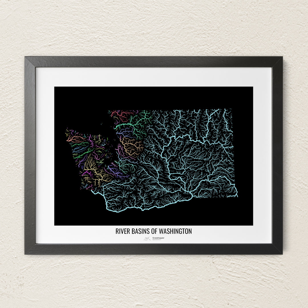 A colorful Grasshopper Geography river map on a light wall. The premium fine art poster is in a black frame with a white border. The name of the country, continent or region is printed under the image.