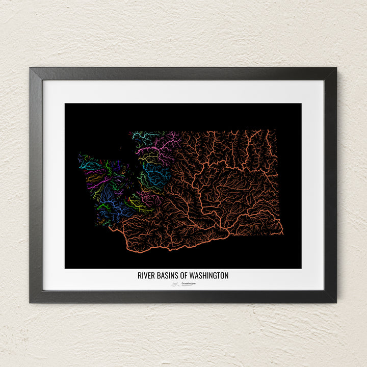 A colorful Grasshopper Geography river map on a light wall. The premium fine art poster is in a black frame with a white border. The name of the country, continent or region is printed under the image.