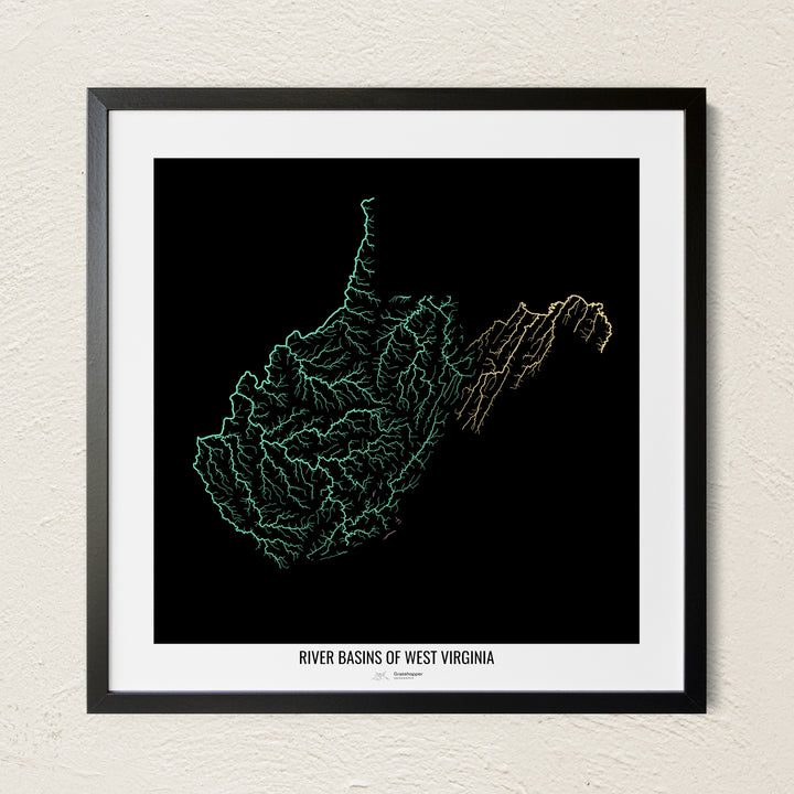 A colorful Grasshopper Geography river map on a light wall. The premium fine art poster is in a black frame with a white border. The name of the country, continent or region is printed under the image.