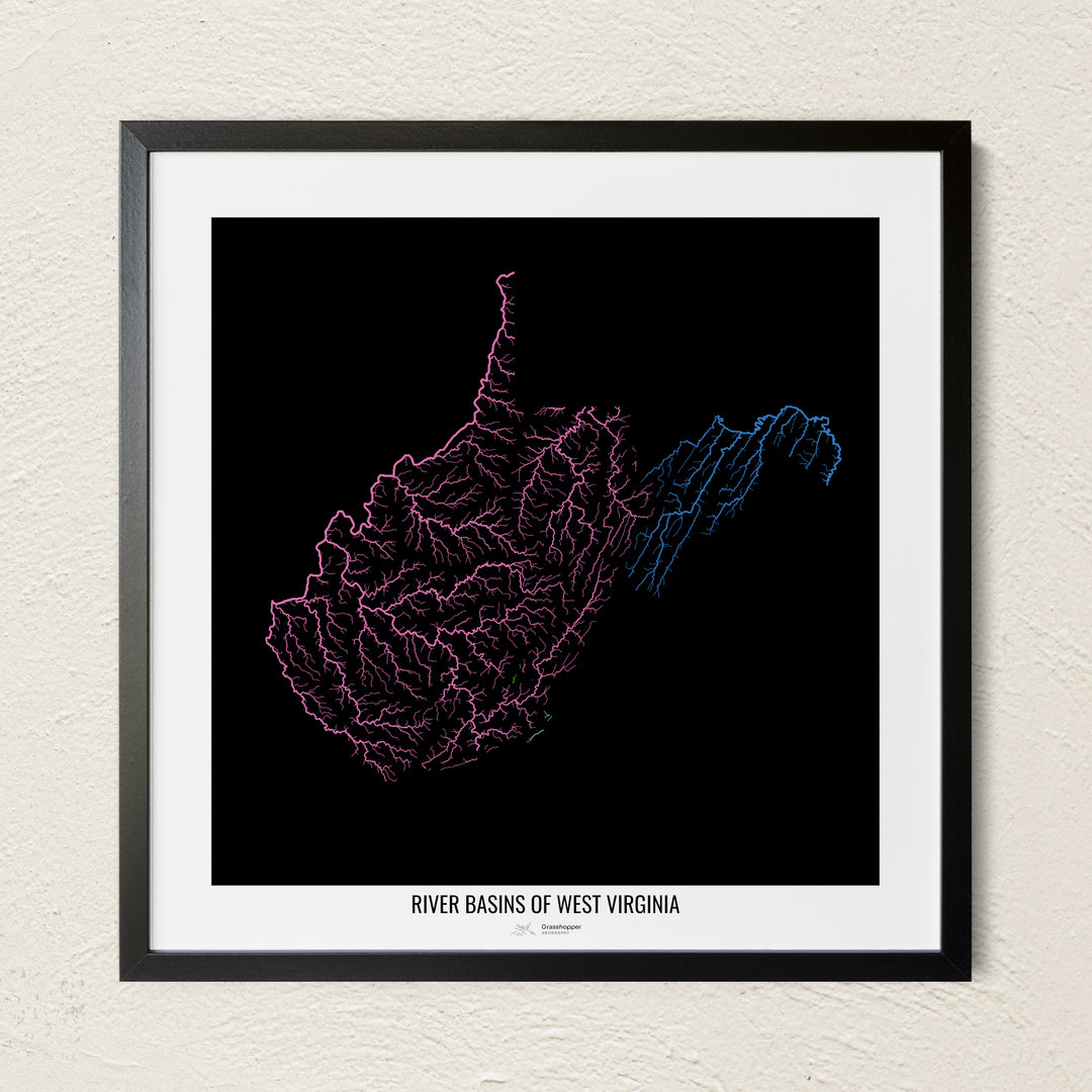 A colorful Grasshopper Geography river map on a light wall. The premium fine art poster is in a black frame with a white border. The name of the country, continent or region is printed under the image.