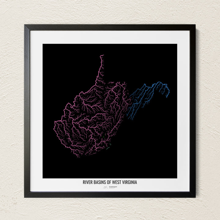 A colorful Grasshopper Geography river map on a light wall. The premium fine art poster is in a black frame with a white border. The name of the country, continent or region is printed under the image.
