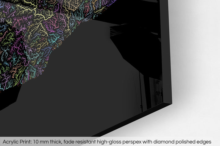 Closeup of an acrylic panel's corner, the details of a Grasshopper Geography map is visible. The text at the bottom reads: Acrylic print - 10 mm thick, fade reistant high-gloss perspex with diamond polished edges.