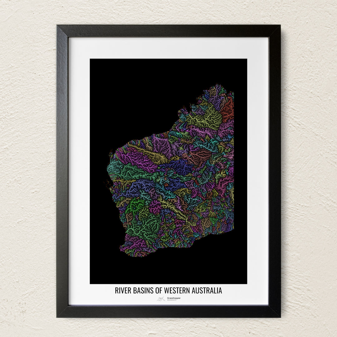 A colorful Grasshopper Geography river map on a light wall. The premium fine art poster is in a black frame with a white border. The name of the country, continent or region is printed under the image.