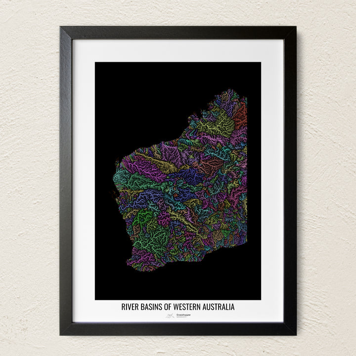 A colorful Grasshopper Geography river map on a light wall. The premium fine art poster is in a black frame with a white border. The name of the country, continent or region is printed under the image.