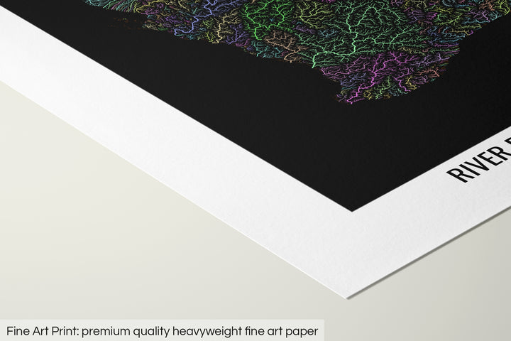 Closeup of a fine art print's corner lying on a flat surface, the details of a Grasshopper Geography map is visible. The text at the bottom reads: Fine art print - premium quality heavyweight fine art paper.
