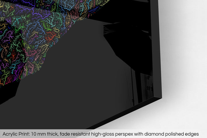 Closeup of an acrylic panel's corner, the details of a Grasshopper Geography map is visible. The text at the bottom reads: Acrylic print - 10 mm thick, fade reistant high-gloss perspex with diamond polished edges.