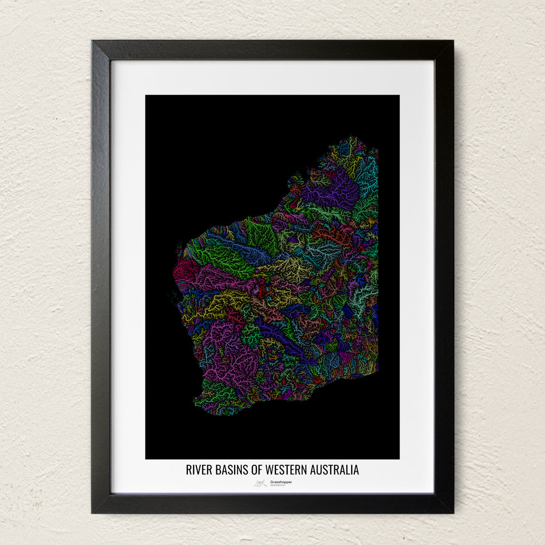 A colorful Grasshopper Geography river map on a light wall. The premium fine art poster is in a black frame with a white border. The name of the country, continent or region is printed under the image.